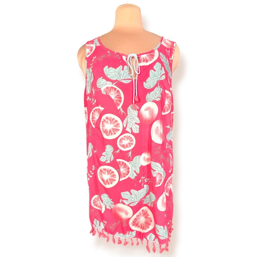 For Cynthia Beachwear Pink Grapefruit Citrus Print Fringe Beach Cover Up Dress